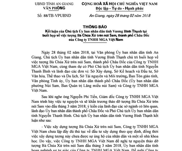 Khẩn trương tháo dỡ tượng Bà Chúa Xứ xây dựng trái quy định ở núi Sam - Anh 1